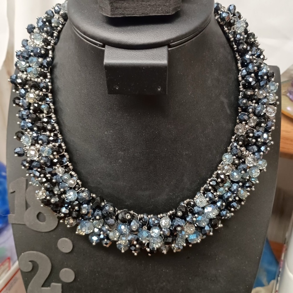 Elegant Blue and Black Glass Beaded collared style Necklace